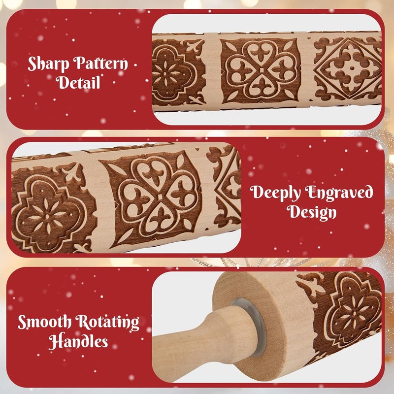 GOBAM Embossed Rolling Pin for Cookies, Engraved Wooden Rolling Pin for Baking, Deep Pattern Cookie Roller for Christmas, Holiday, DIY Kitchen Decor and Gift - Vintage Tile - Image 3